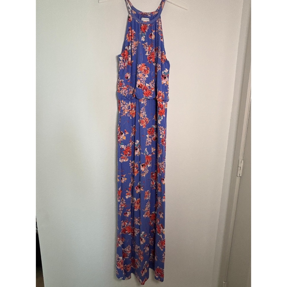 Tabitha Webb Floral Halter Maxi Dress Blue Coral Orange Blouson Waist Large